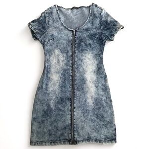 VIP Stretchy Denim Zip Up Dress Y2K L XL Body-con Vintage‎ VTG Party Festival